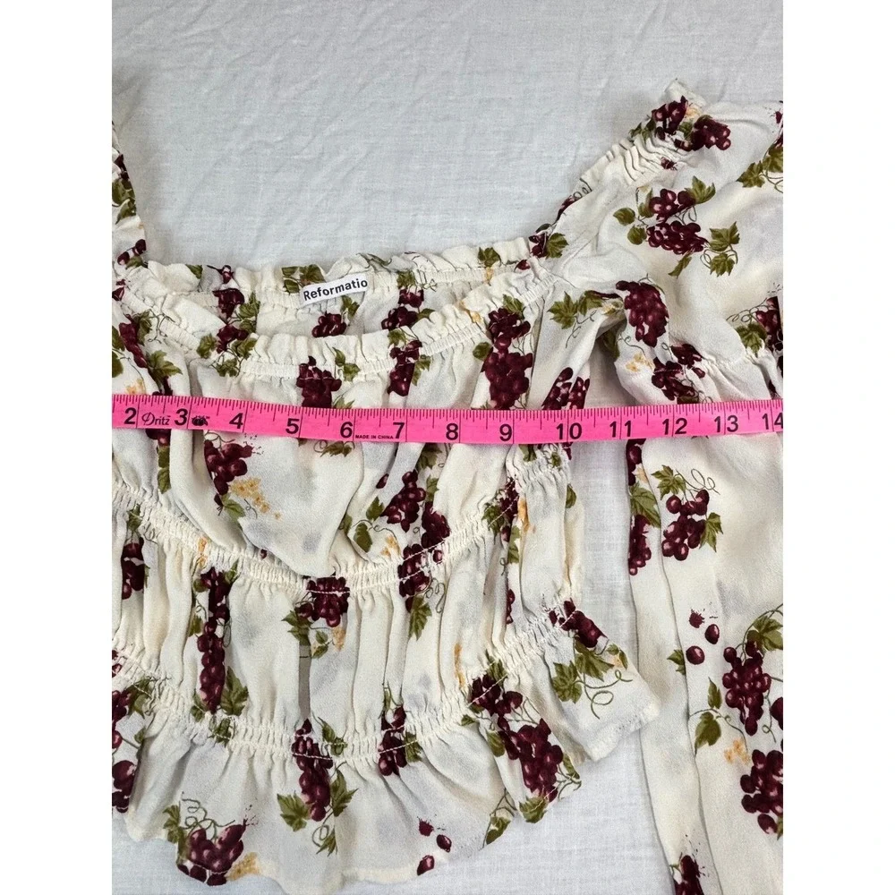Reformation Blouse Women‎ S White Purple Grape Floral Peasant Puff Sleeve Top